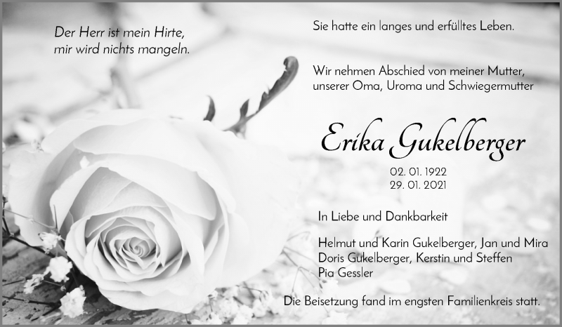  Traueranzeige für Erika Gukelberger vom 19.02.2021 aus Waiblinger Kreiszeitung
