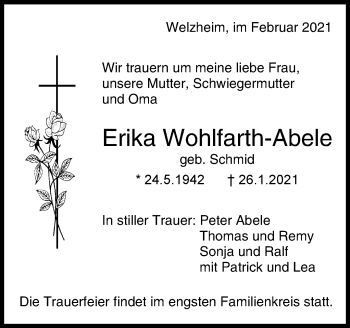 Traueranzeige von Erika Wohlfarth-Abele von Waiblinger Kreiszeitung