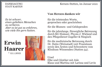 Traueranzeige von Erwin Haarer von Waiblinger Kreiszeitung