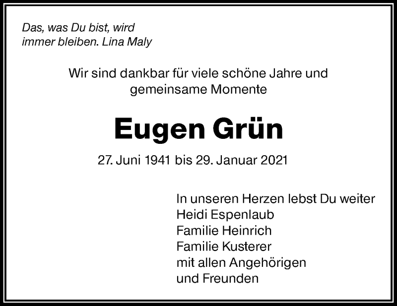  Traueranzeige für Eugen Grün vom 03.02.2021 aus Waiblinger Kreiszeitung