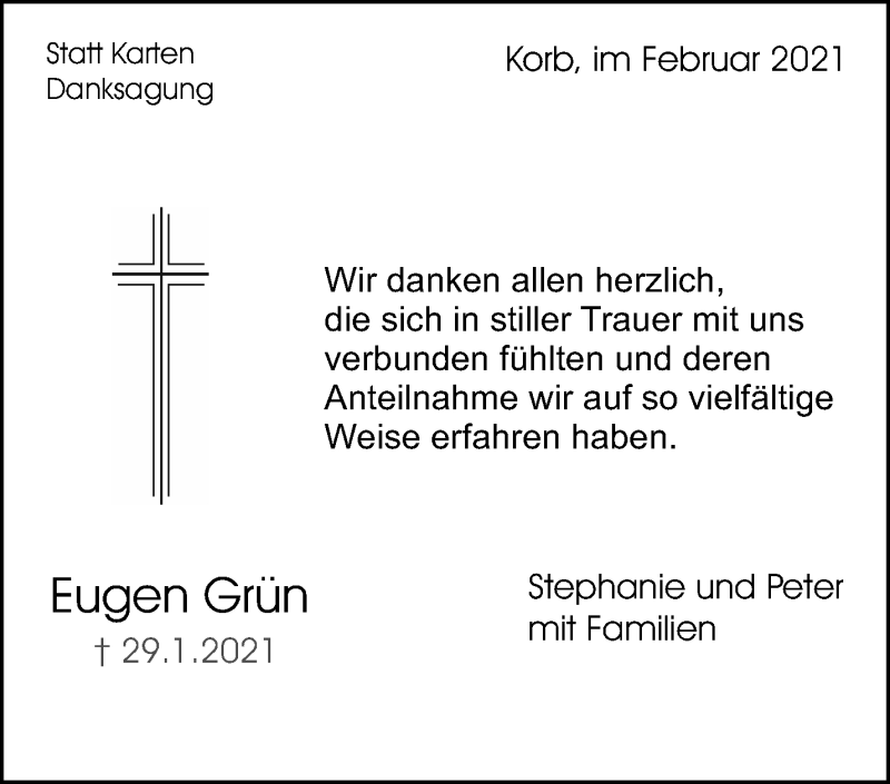  Traueranzeige für Eugen Grün vom 13.02.2021 aus Waiblinger Kreiszeitung