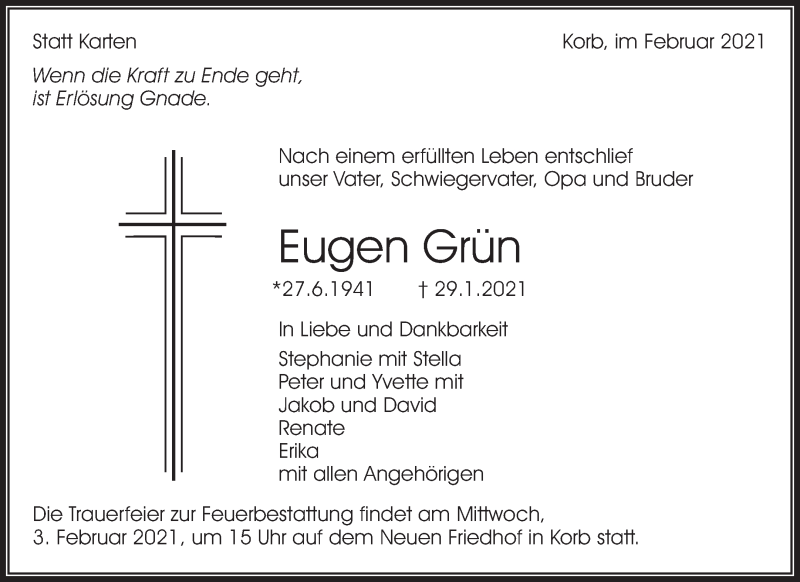  Traueranzeige für Eugen Grün vom 01.02.2021 aus Waiblinger Kreiszeitung