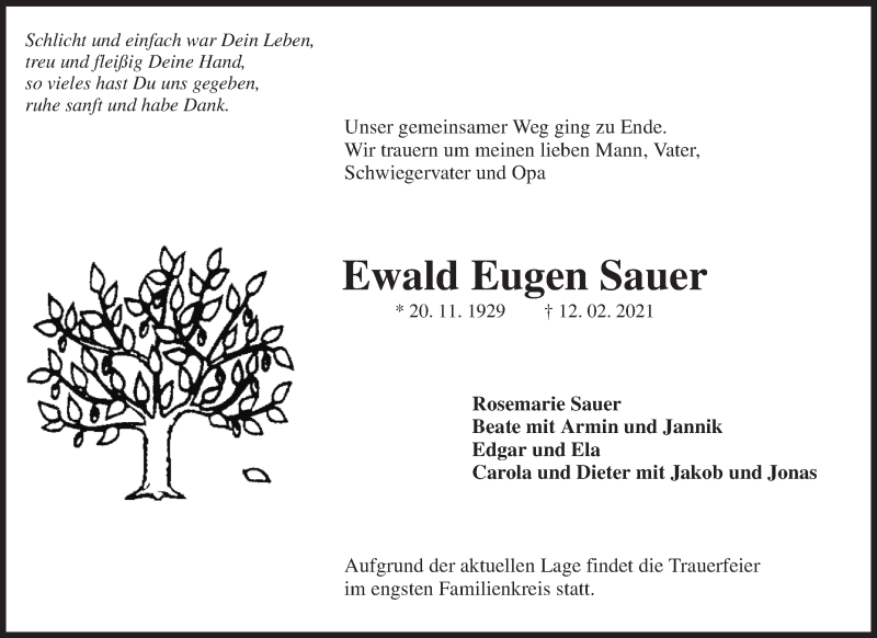  Traueranzeige für Ewald Eugen Sauer vom 18.02.2021 aus Waiblinger Kreiszeitung
