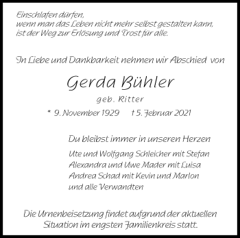 Traueranzeige von Gerda Bühler von Waiblinger Kreiszeitung