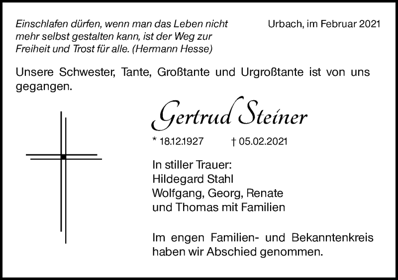  Traueranzeige für Gertrud Steiner vom 16.02.2021 aus Waiblinger Kreiszeitung