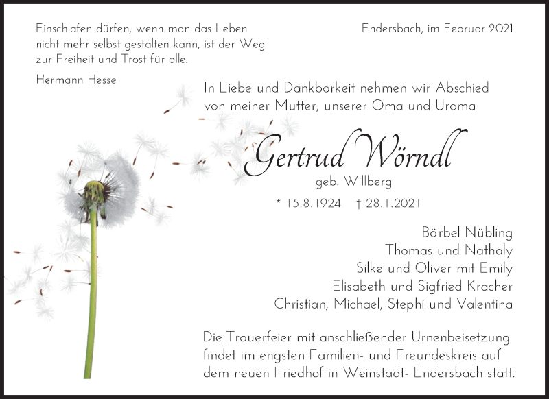  Traueranzeige für Gertrud Wörndl vom 05.02.2021 aus Waiblinger Kreiszeitung