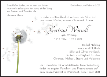 Traueranzeige von Gertrud Wörndl von Waiblinger Kreiszeitung