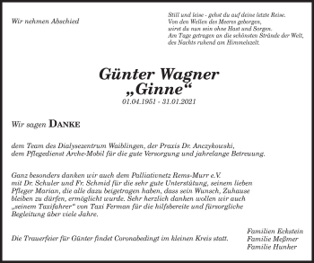 Traueranzeige von Günter Wagner von Waiblinger Kreiszeitung