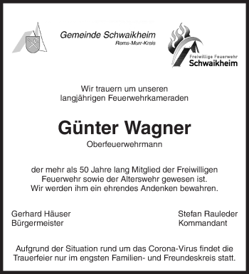 Traueranzeige von Günter Wagner von Waiblinger Kreiszeitung
