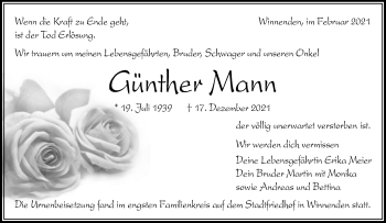 Traueranzeige von Günther Mann von Waiblinger Kreiszeitung