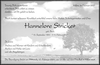 Traueranzeige von Hannelore Stricker von Waiblinger Kreiszeitung