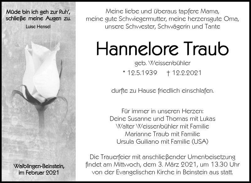  Traueranzeige für Hannelore Traub vom 27.02.2021 aus Waiblinger Kreiszeitung