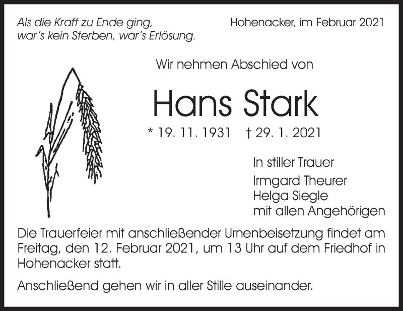  Traueranzeige für Hans Stark vom 04.02.2021 aus Waiblinger Kreiszeitung