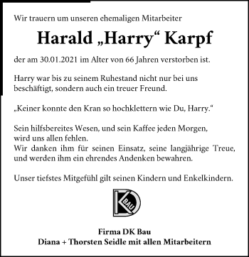 Traueranzeige von Harald Karpf von Waiblinger Kreiszeitung