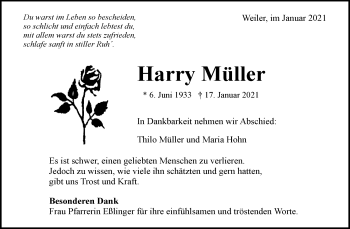 Traueranzeige von Harry Müller von Waiblinger Kreiszeitung