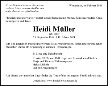 Traueranzeige von Heidi Müller von Waiblinger Kreiszeitung