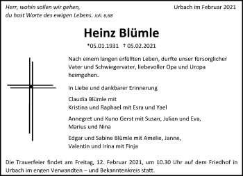 Traueranzeige von Heinz Blümle von Waiblinger Kreiszeitung