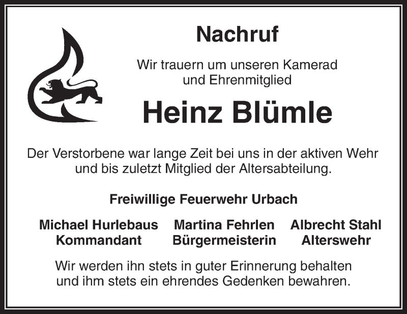  Traueranzeige für Heinz Blümle vom 17.02.2021 aus Waiblinger Kreiszeitung