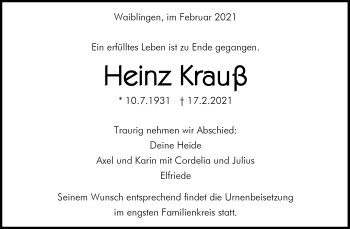 Traueranzeige von Heinz Krauß von Waiblinger Kreiszeitung