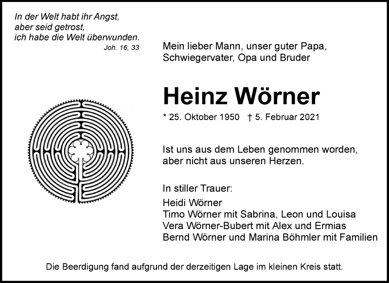  Traueranzeige für Heinz Wörner vom 13.02.2021 aus Waiblinger Kreiszeitung