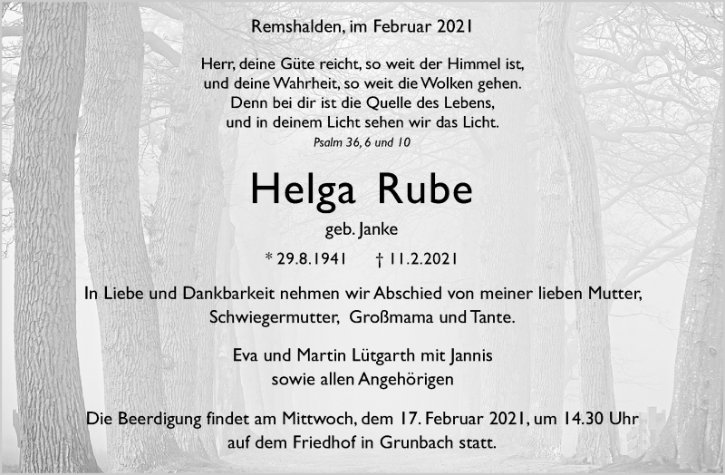  Traueranzeige für Helga Rube vom 15.02.2021 aus Waiblinger Kreiszeitung
