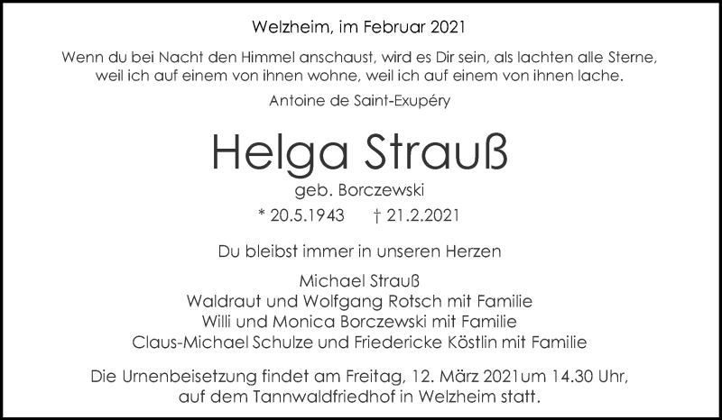  Traueranzeige für Helga Strauß vom 27.02.2021 aus Waiblinger Kreiszeitung