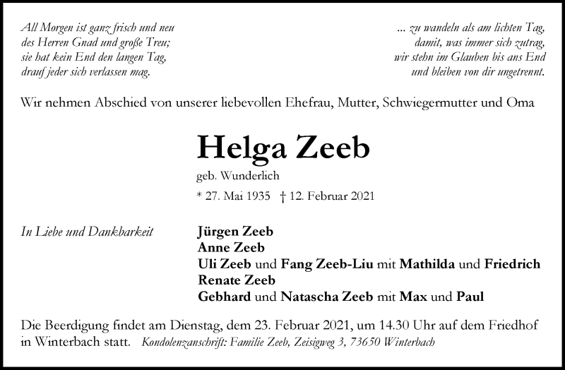  Traueranzeige für Helga Zeeb vom 20.02.2021 aus Waiblinger Kreiszeitung