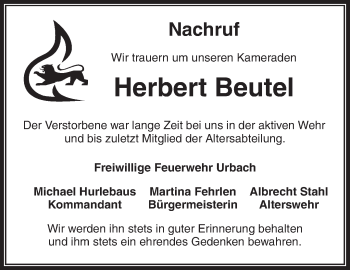 Traueranzeige von Herbert Beutel von Waiblinger Kreiszeitung