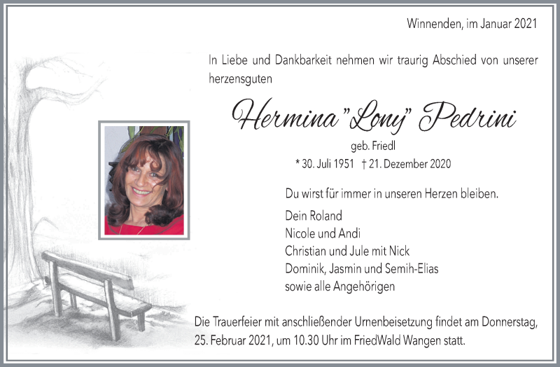  Traueranzeige für Hermina  Pedrini vom 20.02.2021 aus Waiblinger Kreiszeitung
