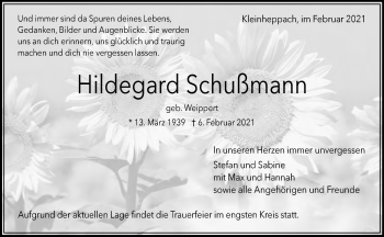 Traueranzeige von Hildegard Schußmann von Waiblinger Kreiszeitung