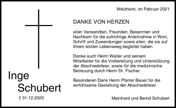 Traueranzeige von Inge Schubert von Waiblinger Kreiszeitung
