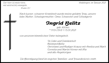 Traueranzeige von Ingrid Belitz von Waiblinger Kreiszeitung