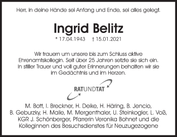 Traueranzeige von Ingrid Belitz von Waiblinger Kreiszeitung