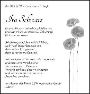 Traueranzeige von Ira Schwarz von Waiblinger Kreiszeitung