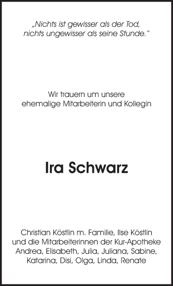 Traueranzeige von Ira Schwarz von Waiblinger Kreiszeitung