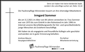 Traueranzeige von Irmgard Sommer von Waiblinger Kreiszeitung