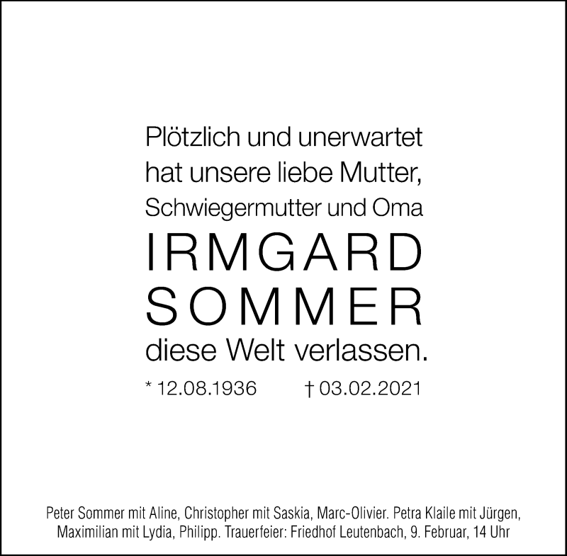  Traueranzeige für Irmgard Sommer vom 06.02.2021 aus Waiblinger Kreiszeitung