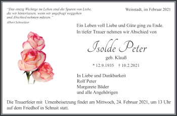 Traueranzeige von Isolde Peter von Waiblinger Kreiszeitung