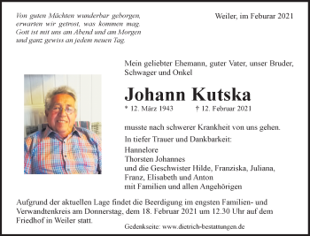 Traueranzeige von Johann Kutska von Waiblinger Kreiszeitung