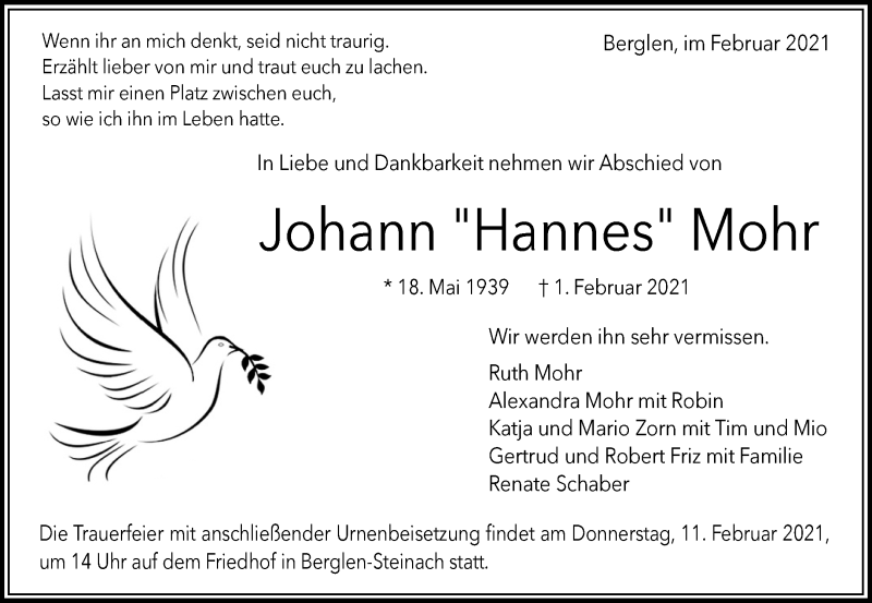  Traueranzeige für Johann Mohr vom 08.02.2021 aus Waiblinger Kreiszeitung