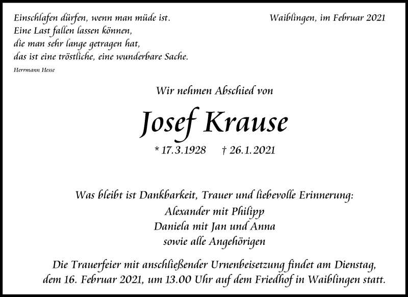  Traueranzeige für Josef Krause vom 10.02.2021 aus Waiblinger Kreiszeitung