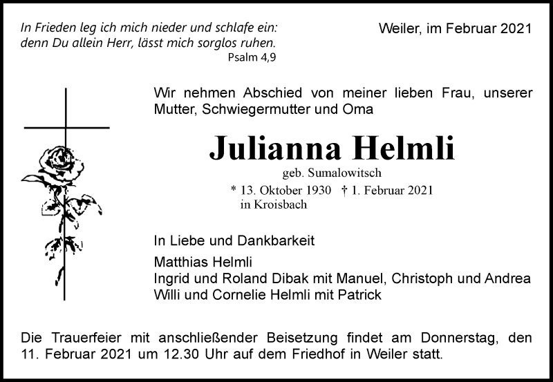  Traueranzeige für Julianna Helmli vom 06.02.2021 aus Waiblinger Kreiszeitung