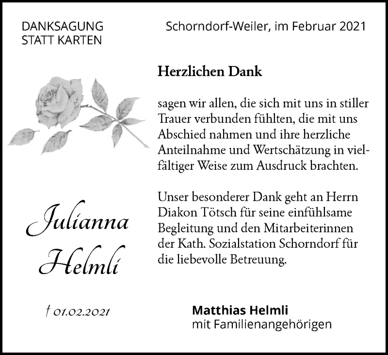  Traueranzeige für Julianna Helmli vom 27.02.2021 aus Waiblinger Kreiszeitung