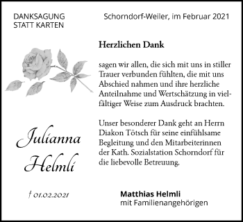 Traueranzeige von Julianna Helmli von Waiblinger Kreiszeitung