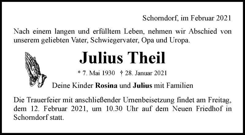  Traueranzeige für Julius Theil vom 06.02.2021 aus Waiblinger Kreiszeitung