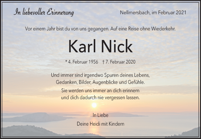  Traueranzeige für Karl Nick vom 06.02.2021 aus Waiblinger Kreiszeitung