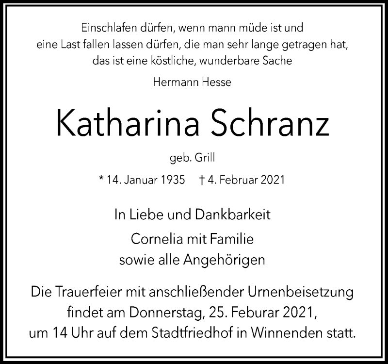  Traueranzeige für Katharina Schranz vom 20.02.2021 aus Waiblinger Kreiszeitung