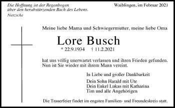 Traueranzeige von Lore Busch von Waiblinger Kreiszeitung