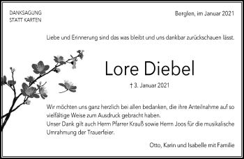Traueranzeige von Lore Diebel von Waiblinger Kreiszeitung