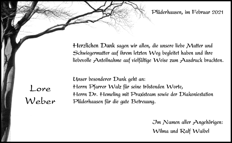  Traueranzeige für Lore Weber vom 11.02.2021 aus Waiblinger Kreiszeitung